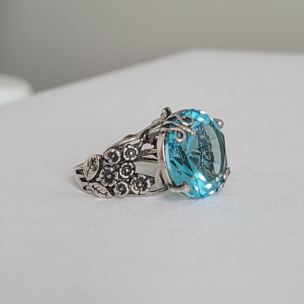 Vintage Sterling Silver Boho Chunky Blue Topaz Solitaire Floral Statement Ring - Picture 2 of 14